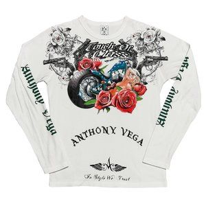 Rare Anthony Vega Graphic Rhinestone/Studded Long Sleeve Shirt - Size M